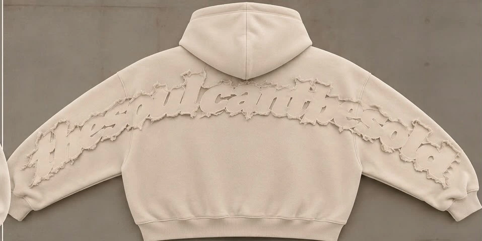 Cream oversized SOULDOUT hoodie back mockup with tonal frayed appliqué