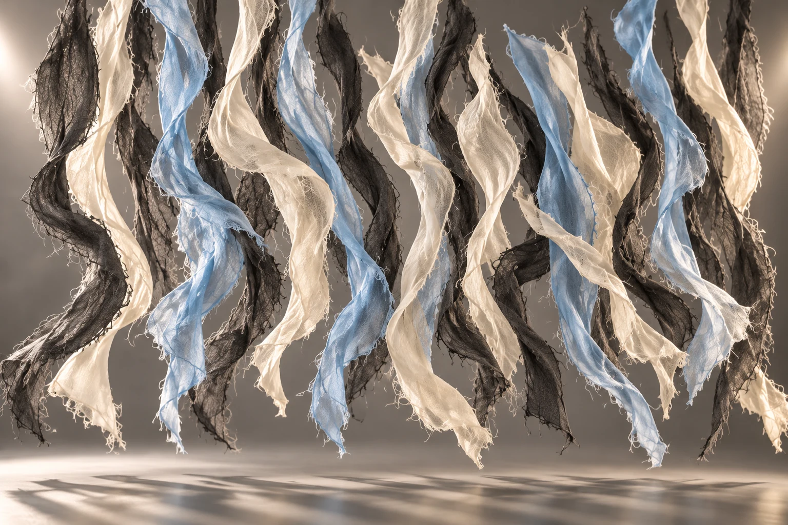 Three-dimensional sculptural ribbons of frayed black, ivory and powder-blue fabric, softly swaying
